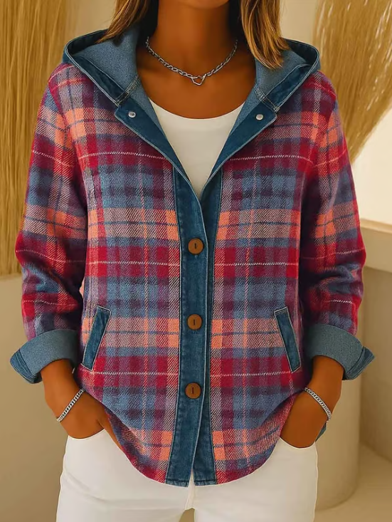 Nadrina | Women's Hooded Denim Jacket with Check Panel Contrast