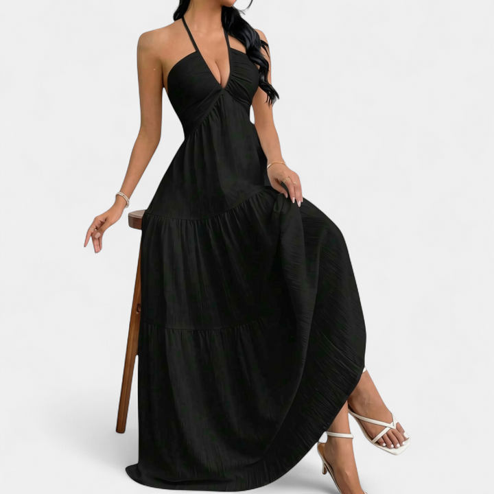 ZARA™ – Chic Halter Neck Maxi Dress with Tie-Back Detail