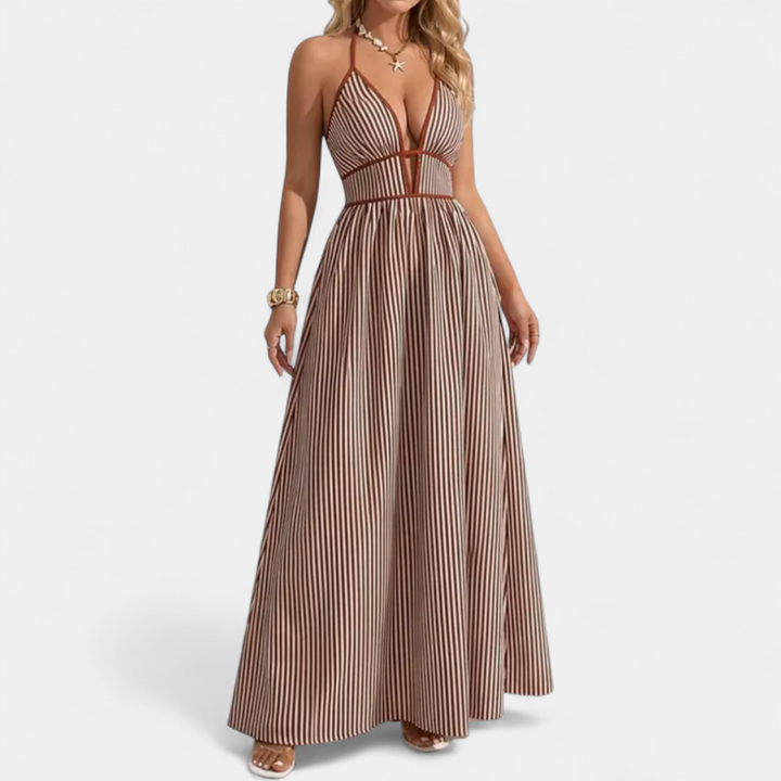 CASPIENNE | Striped V-Neck Halter Maxi Gown