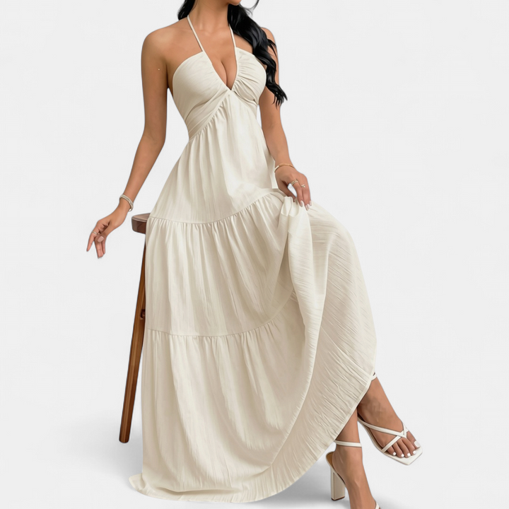 ZARA™ – Chic Halter Neck Maxi Dress with Tie-Back Detail