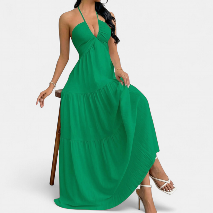 ZARA™ – Chic Halter Neck Maxi Dress with Tie-Back Detail