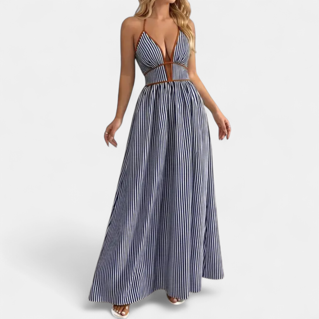 CASPIENNE | Striped V-Neck Halter Maxi Gown