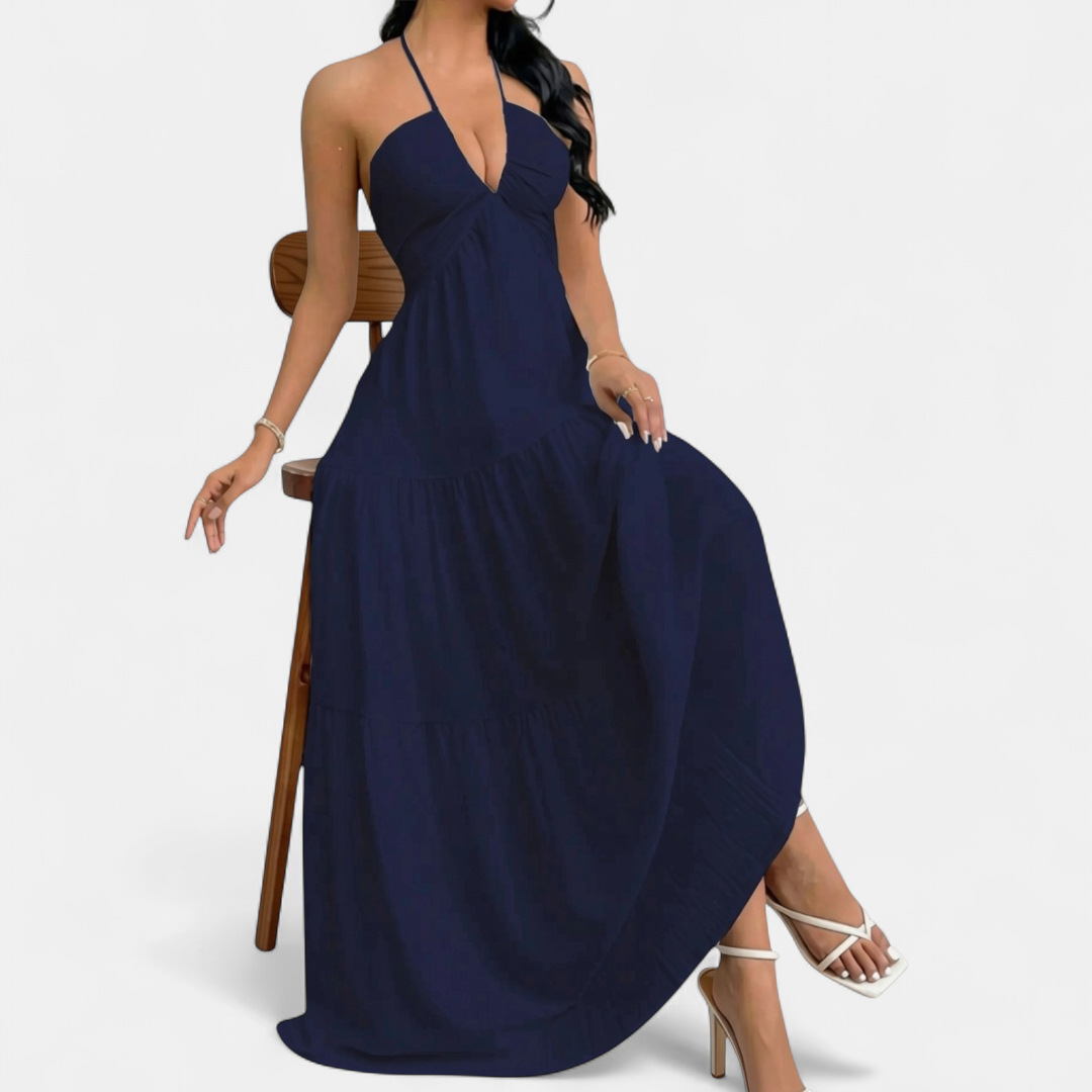 ZARA™ – Chic Halter Neck Maxi Dress with Tie-Back Detail