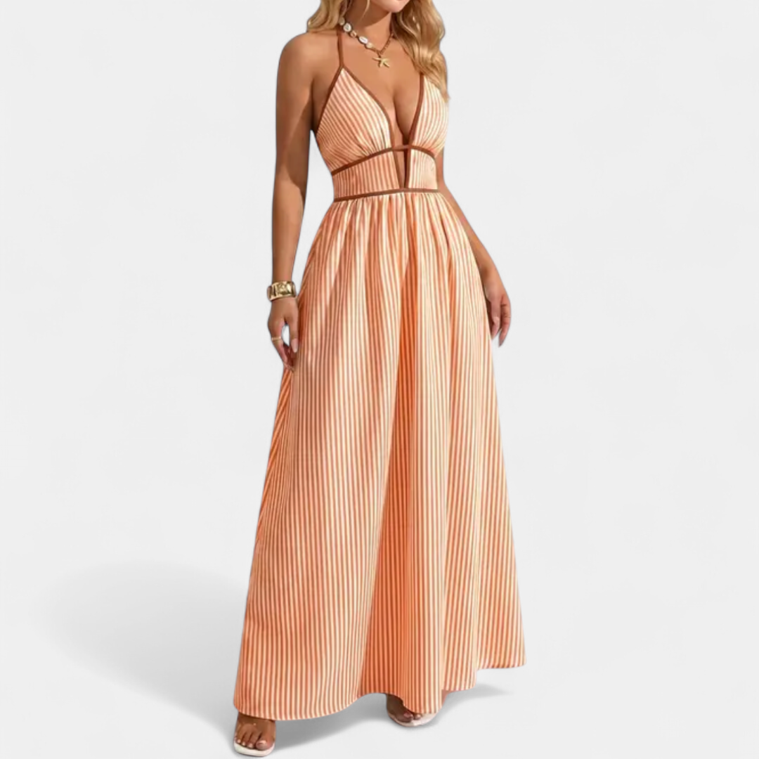 CASPIENNE | Striped V-Neck Halter Maxi Gown