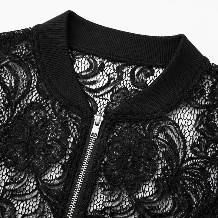 Lacelle – Floral Lace Zip Up Bomber Jacket for Women