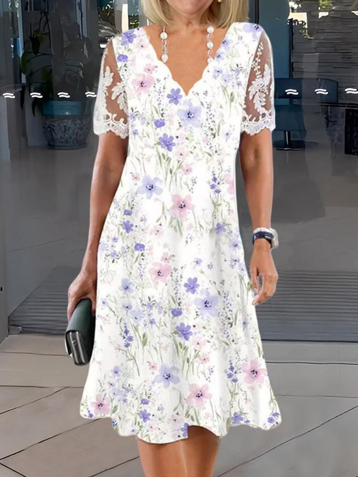 Harlyn - Charming Floral Lace Midi Dress with Patchwork Design