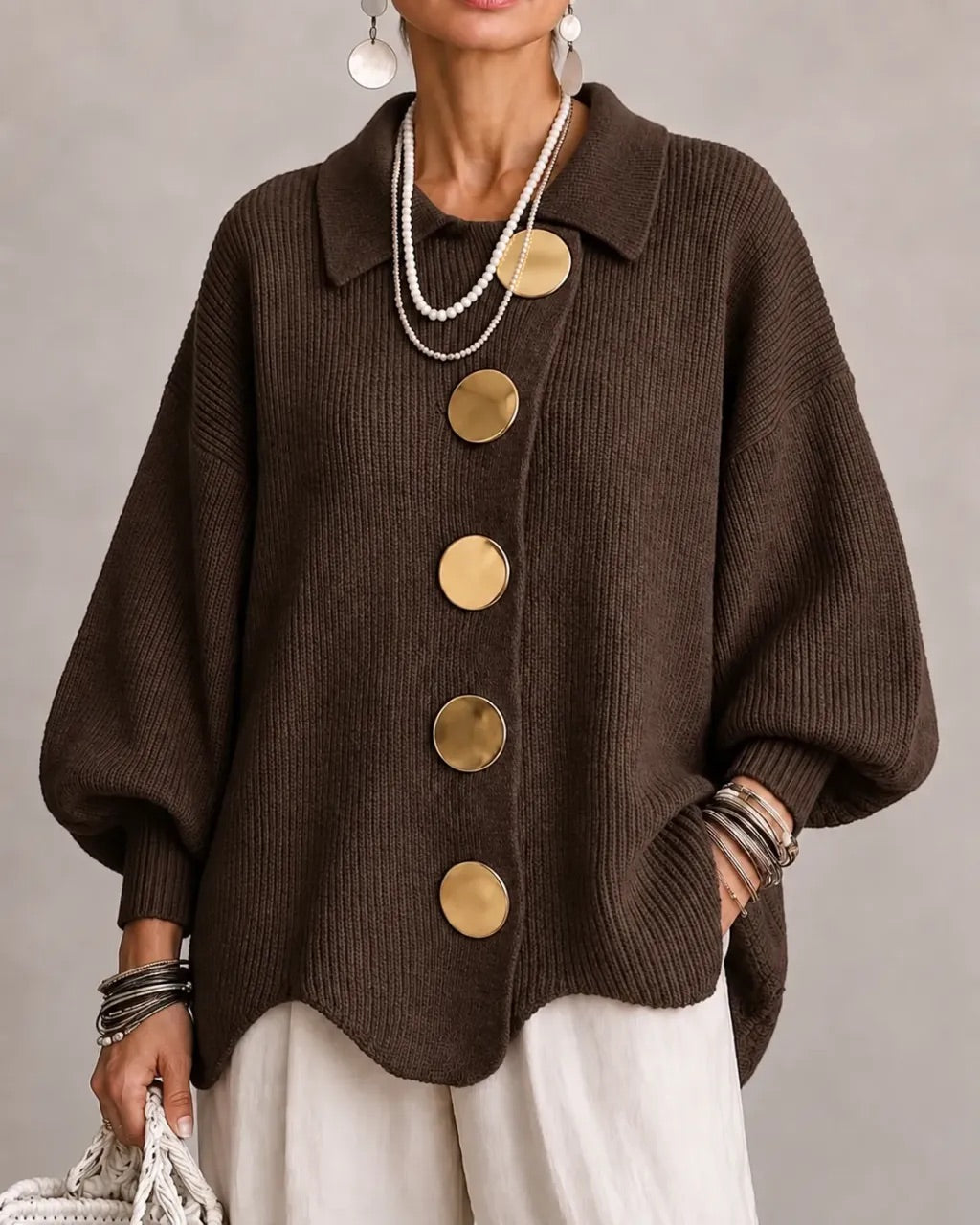 Harper statement button cardigan in brown