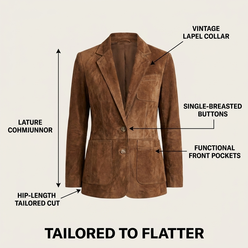 Rhiannon | Women's Classic Lapel Suede Blazer with Button-Down Detail