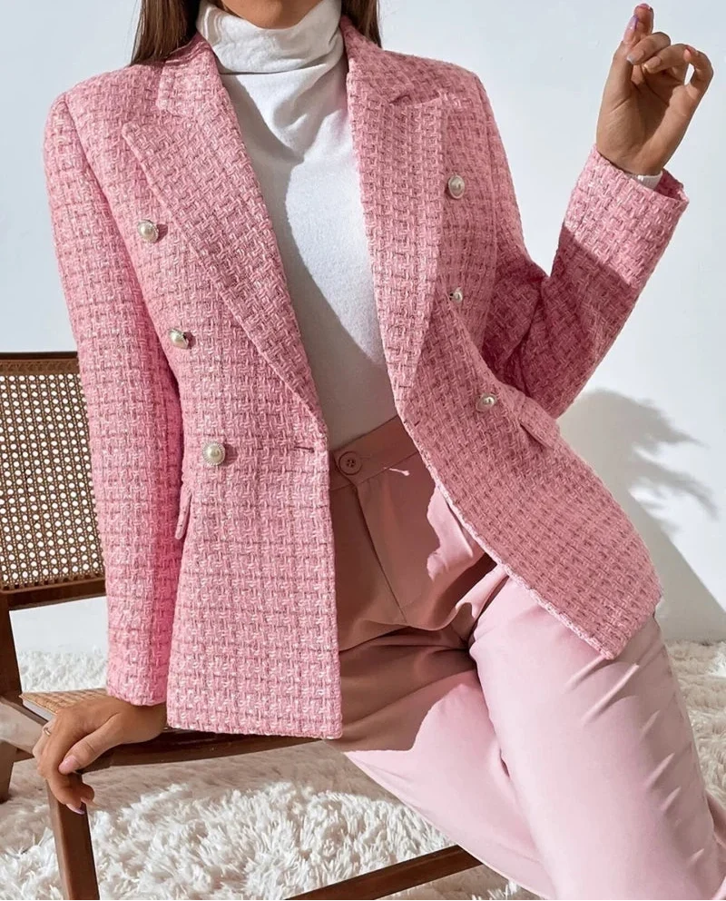 Lorelei | Women's Double-Breasted Plaid Blazer Featuring Pearl Buttons