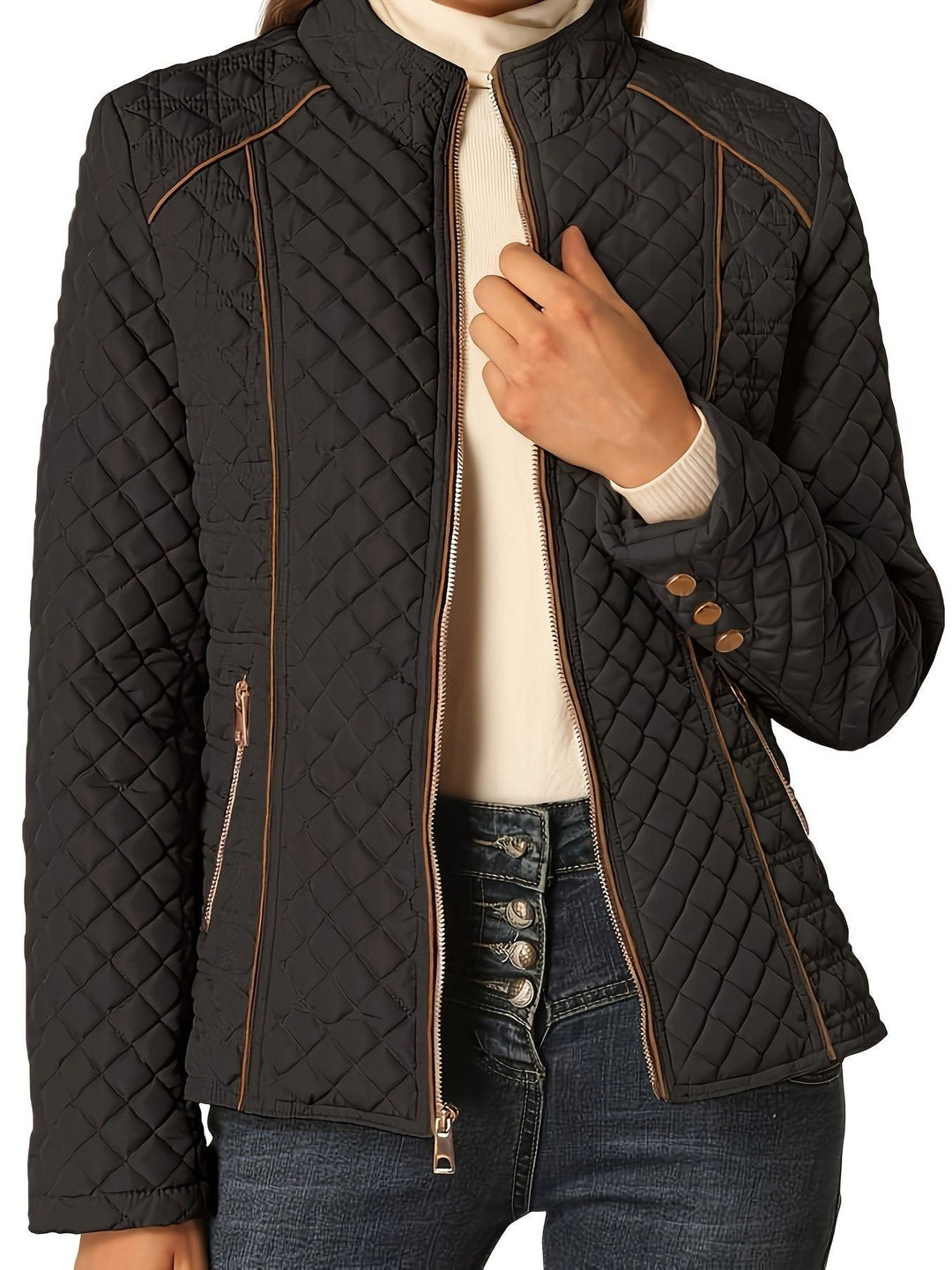 Roisin Women's Quilted Jacket with Stand Collar and Zip Closure